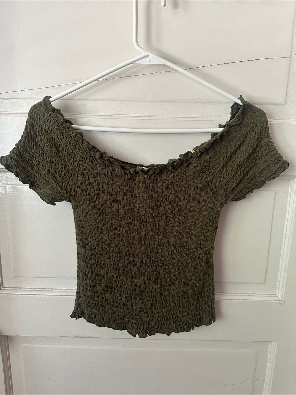 Smocked Off-Shoulder Lettuce Ruffle Trim Olive Green Stretchy Fitted Top